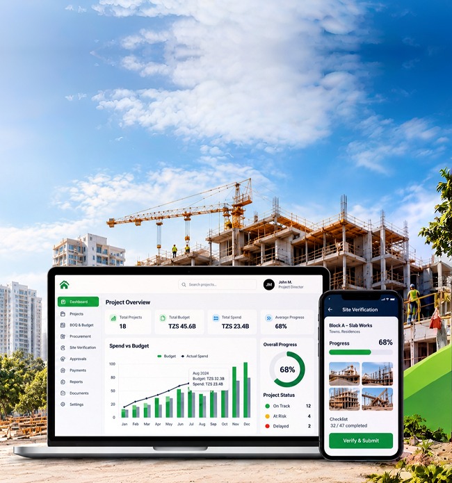 MradiQ project overview on a laptop and site verification on a phone, at a construction site