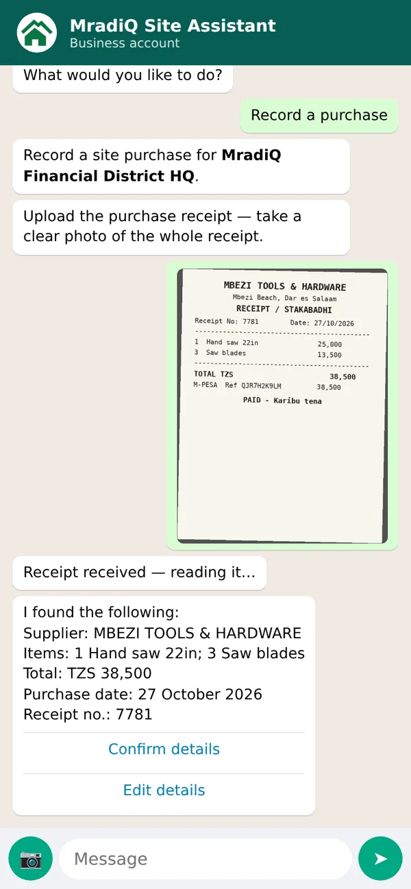 WhatsApp: Record a purchase — the receipt photo is read: supplier, items, total, date and receipt number