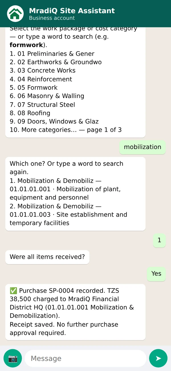 WhatsApp: the purchase is charged to the cost code and recorded, with the receipt saved