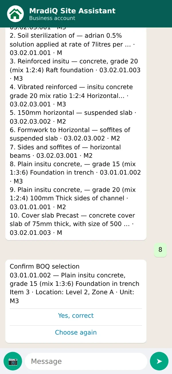 WhatsApp: choosing the BOQ activity and confirming the BOQ line, cost code, location and unit