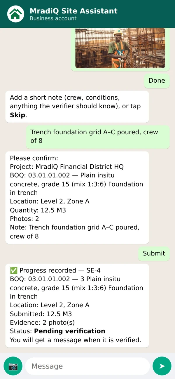 WhatsApp: site photos, note and confirmation — progress recorded, pending verification